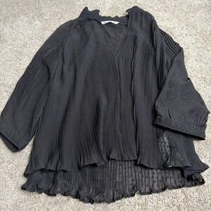 Zara Accordion Pleated Sheer Blouse Black Swiss Dot Vampire Coquette Ruffle Neck